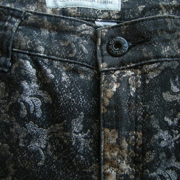 Chico's Platinum Denim Stretch Jeans (10 or 12) Black & Metallic Baroque Print - Picture 4 of 7